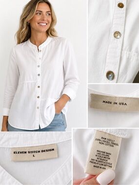 Eleven Stitch Design Girls' White Band-Collar Button-Down Shirt